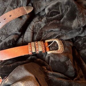 Nocona Brown Leather Belt with Engraved Silver Buckle and Stud Accents